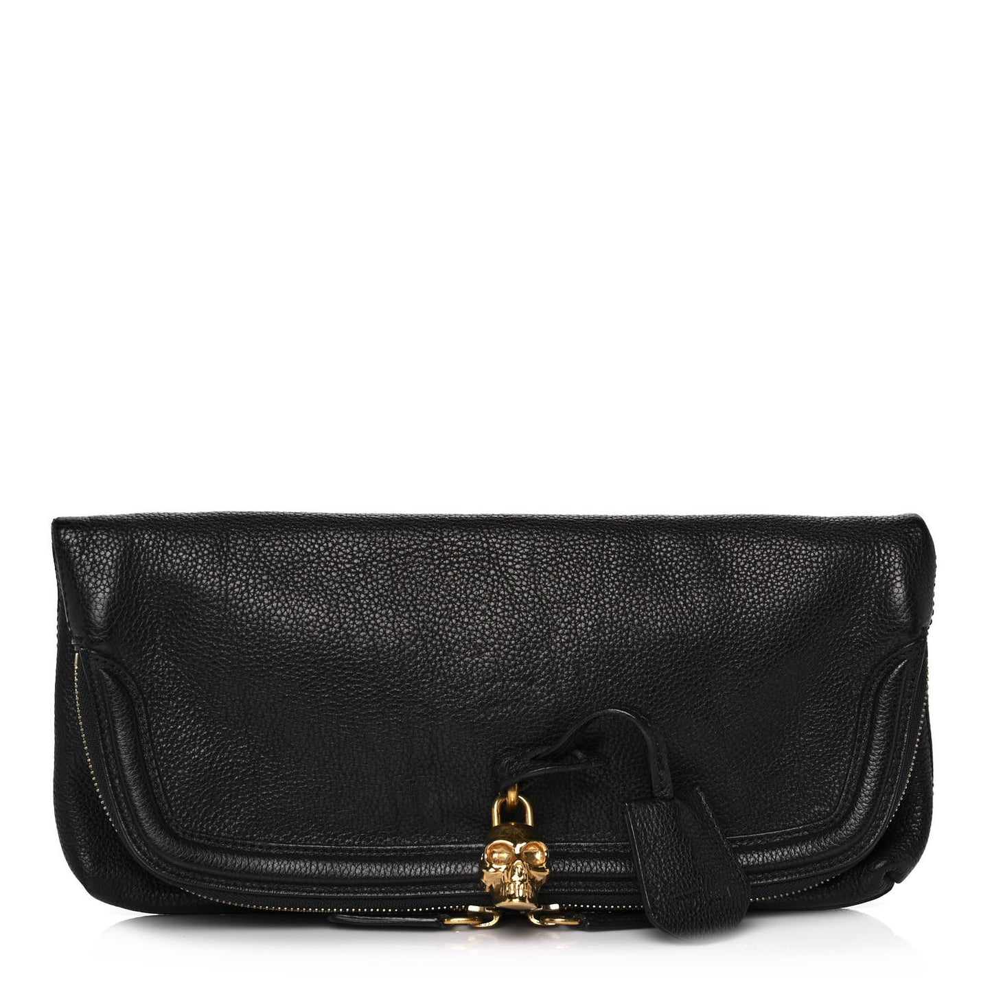 Grainy Calfskin Padlock Skull Clutch Black
