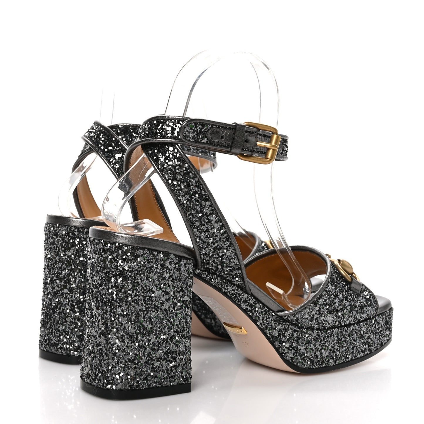 Glitter Nappa Silk Lady Horsebit 60mm Platform Sandals 37 Light Grey Anthracite