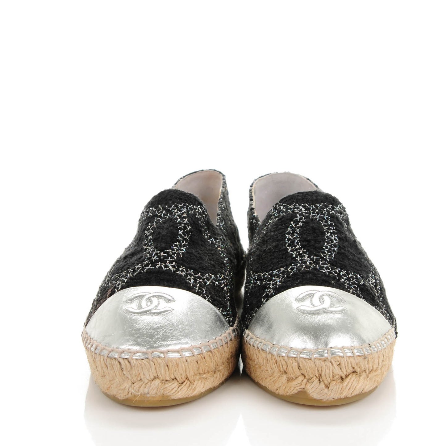 Tweed Lambskin CC Espadrilles 42 Black Silver