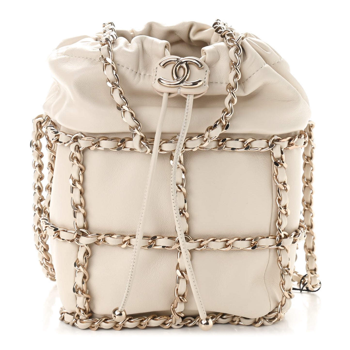 Lambskin Bucket Chain Drawstring Bag Beige