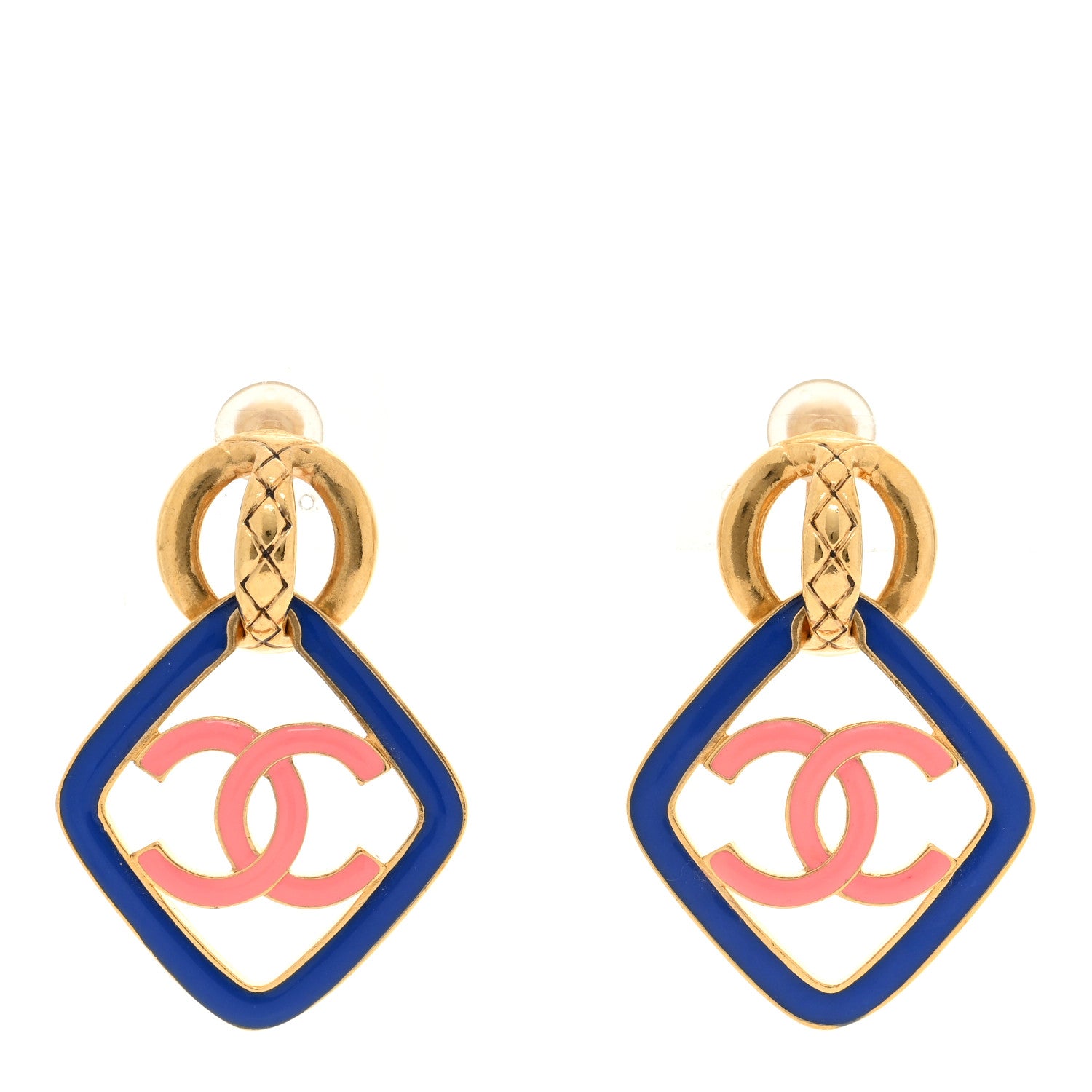 Chanel Metal Resin CC Diamond Clip On Earrings Gold Blue Pink 1 of 5