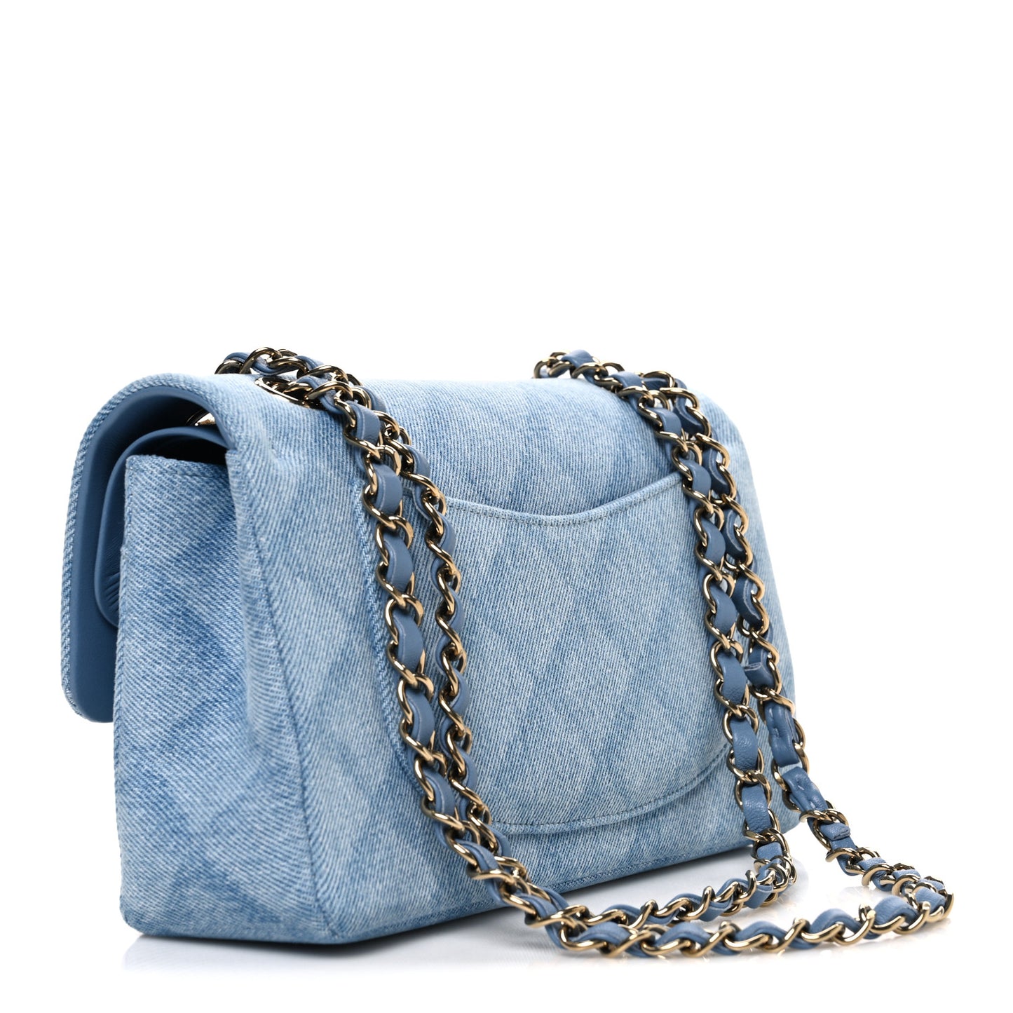 Printed Denim Quilted Small Double Flap Light Blue