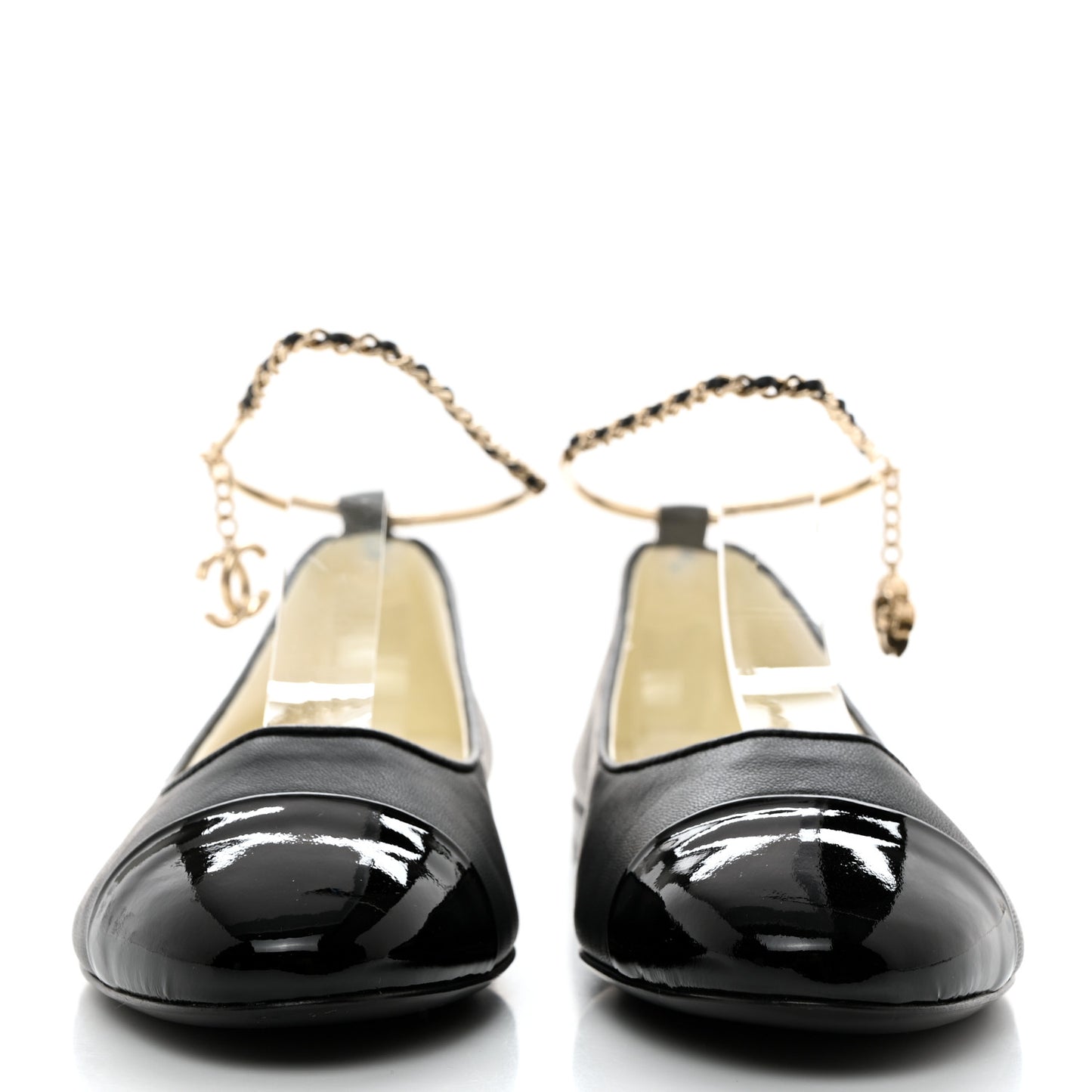 Lambskin Patent Calfskin Cap Toe Ankle Chain Ballerina Flats 37 Black