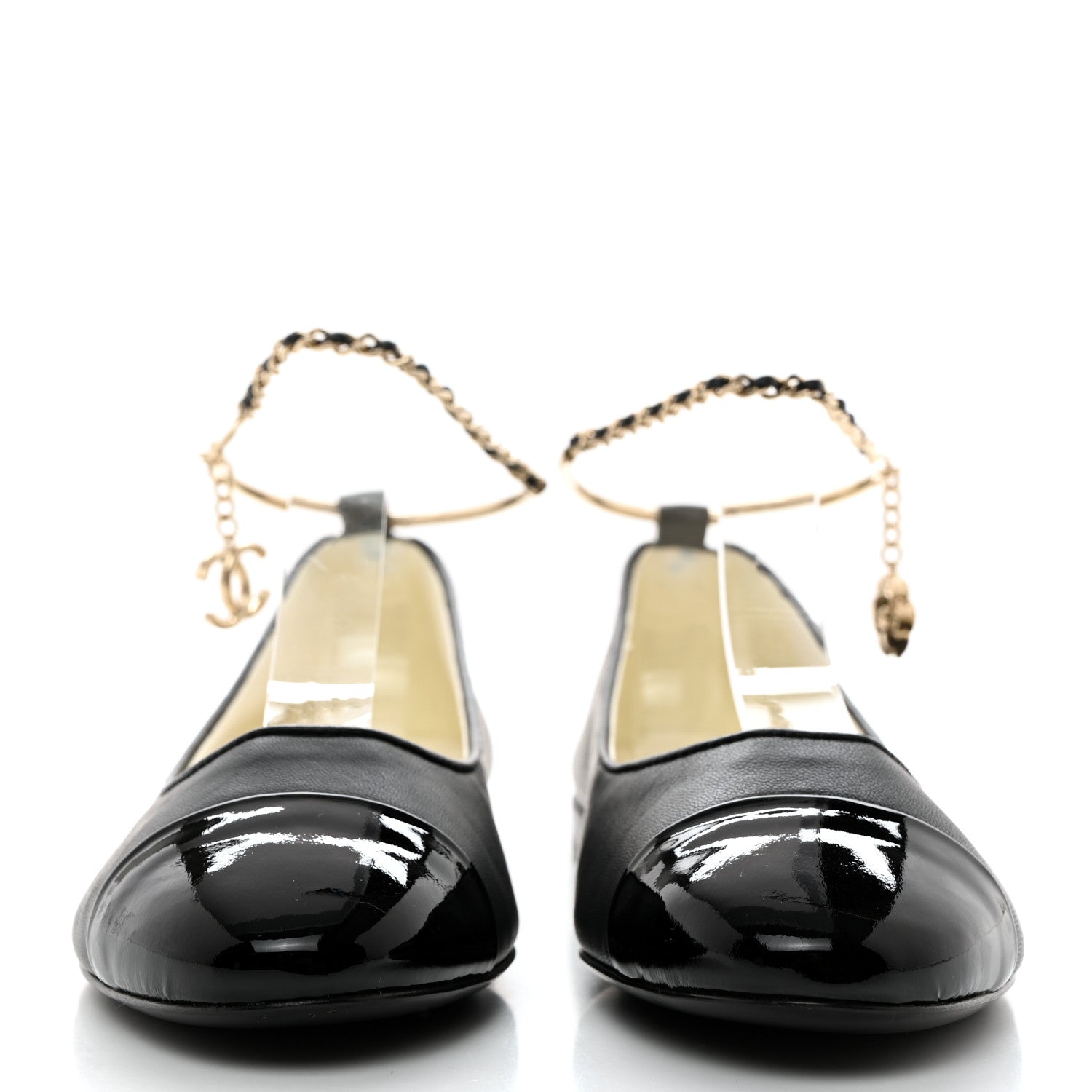 Chanel Lambskin Patent Calfskin Cap Toe Ankle Chain Ballerina Flats 37 Black 2 of 9