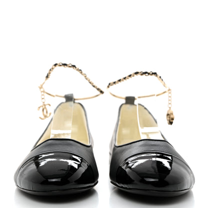Chanel Lambskin Patent Calfskin Cap Toe Ankle Chain Ballerina Flats 37 Black 2 of 9