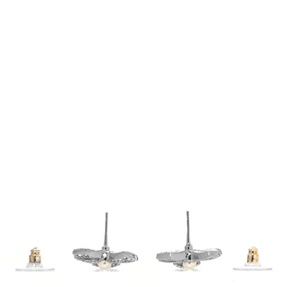 Chanel Crystal Pearl Bow CC Drop Earrings Silver 3 of 4