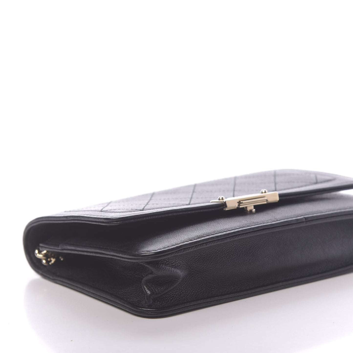 Grained Calfskin Quilted Label Click Flap Wallet On Chain WOC Black