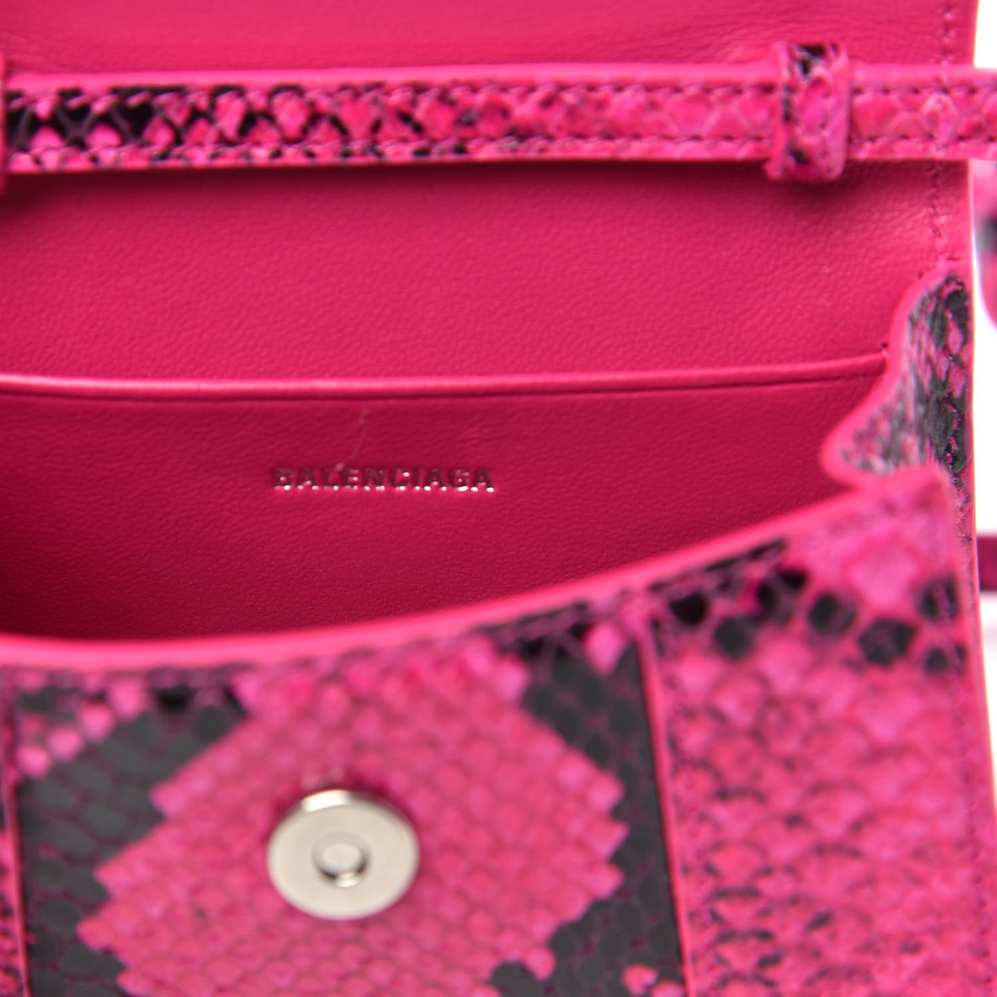 Shiny Calfskin Python Effect Hourglass Top Handle Bag Mini Fuchsia Black