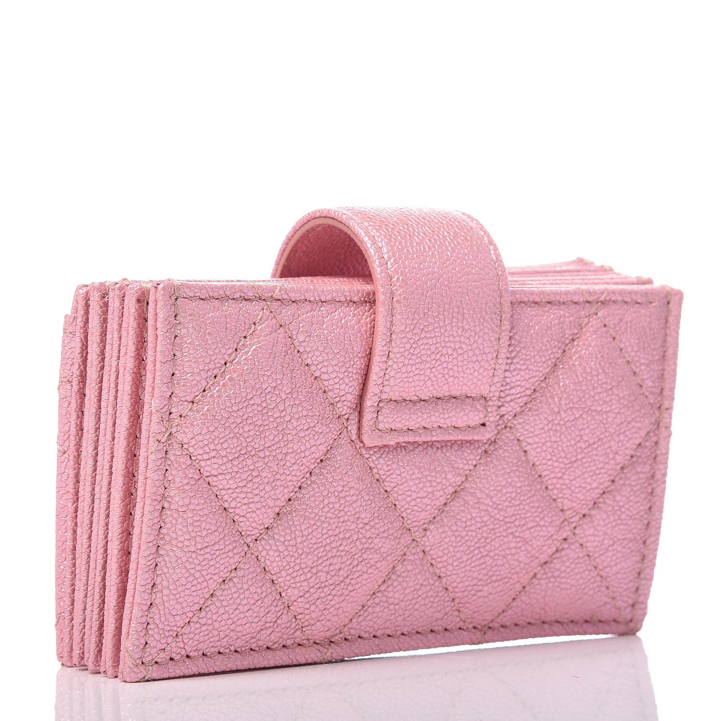 Iridescent Caviar Quilted Gusseted Card Holder Pink