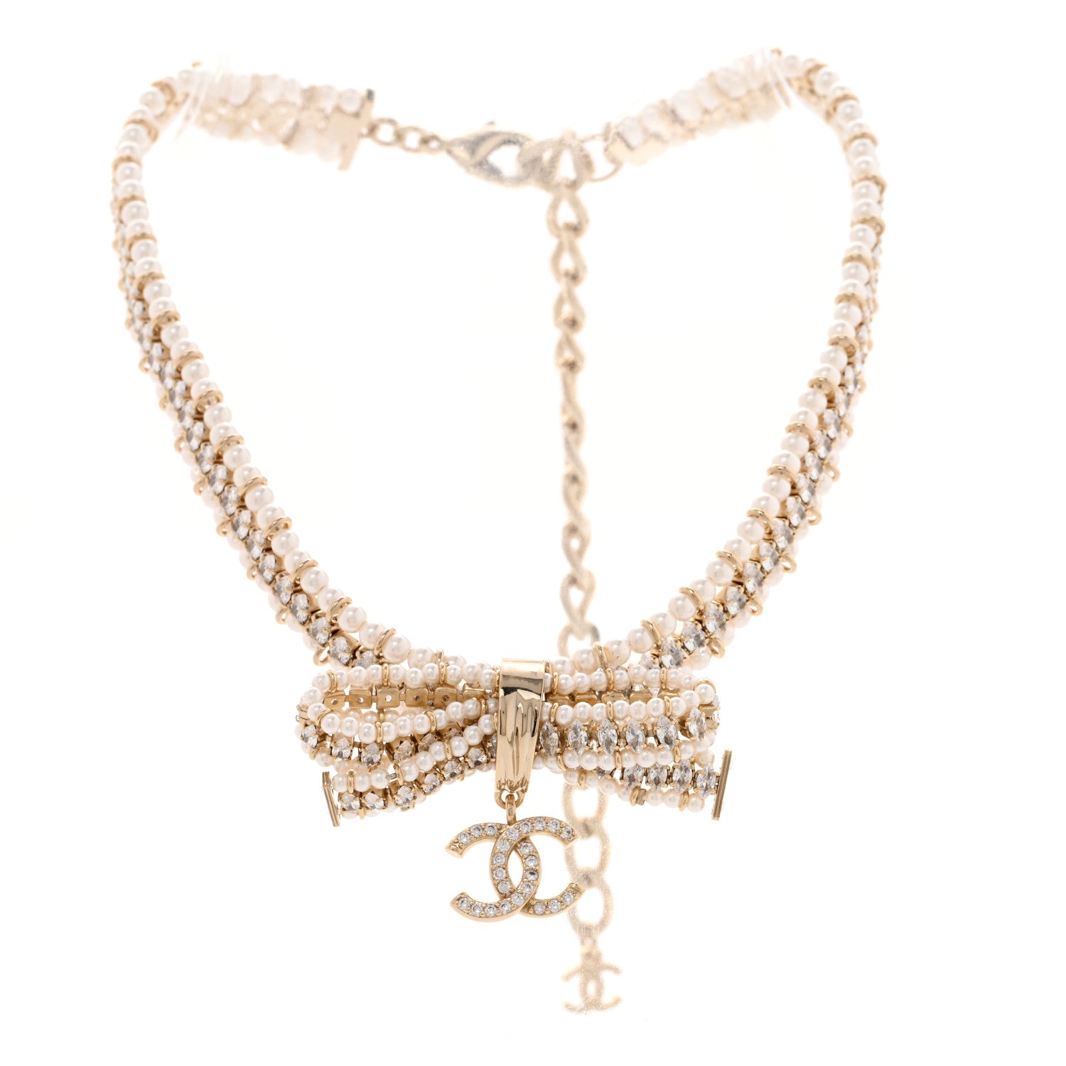 Chanel Pearl Crystal CC Bow Choker Necklace Gold 3 of 5