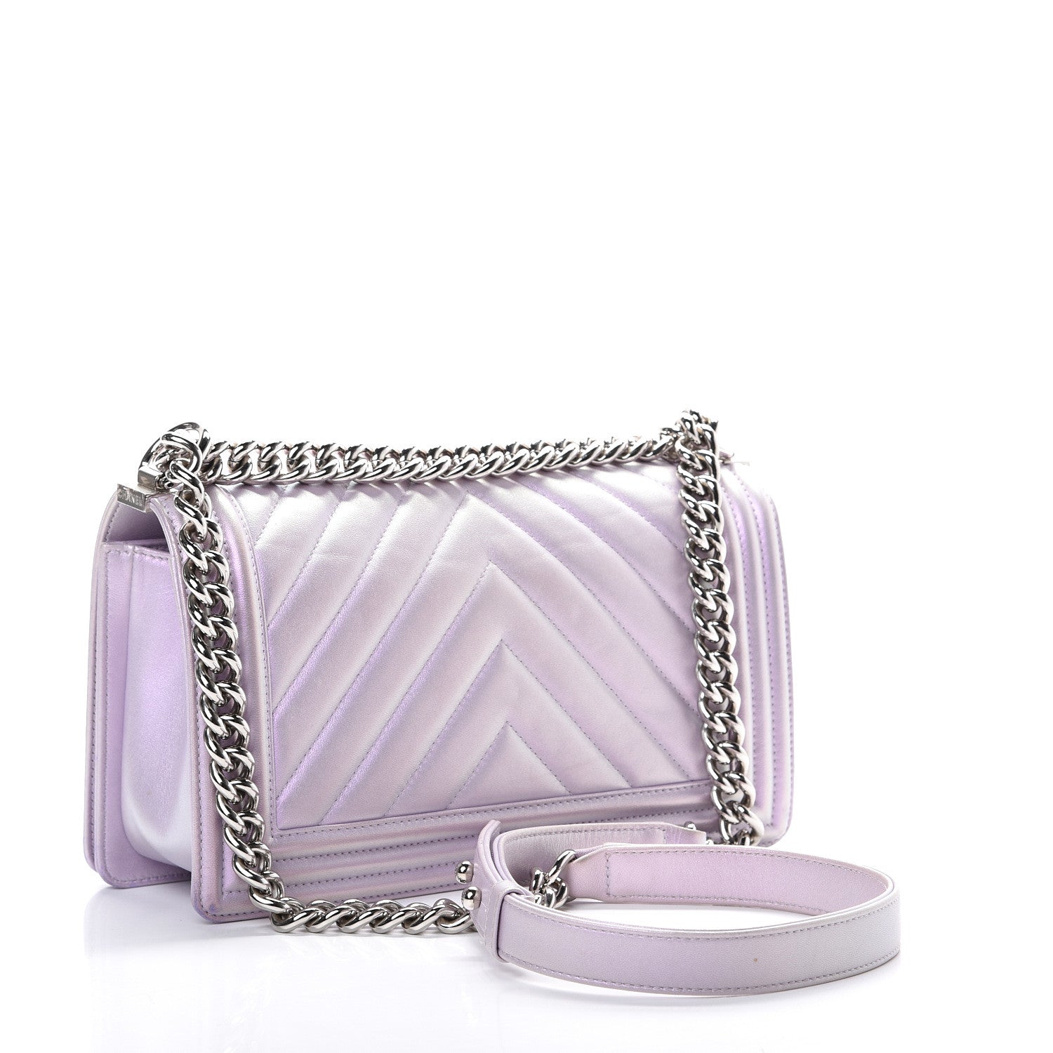 Chanel Metallic Lambskin Chevron Quilted Medium Boy Flap Pink 2 of 15