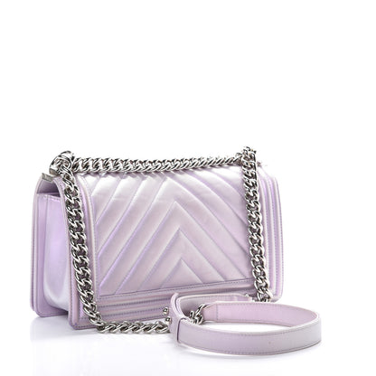 Chanel Metallic Lambskin Chevron Quilted Medium Boy Flap Pink 2 of 15