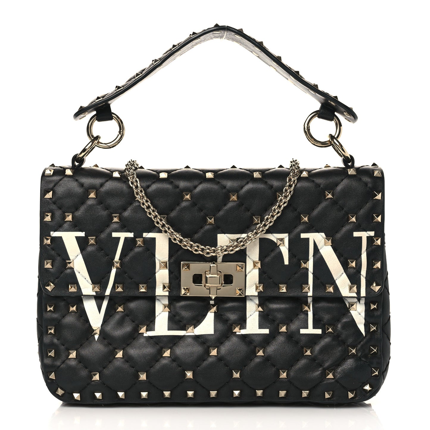 Lambskin VLTN Print Medium Rockstud Spike Shoulder Bag Black