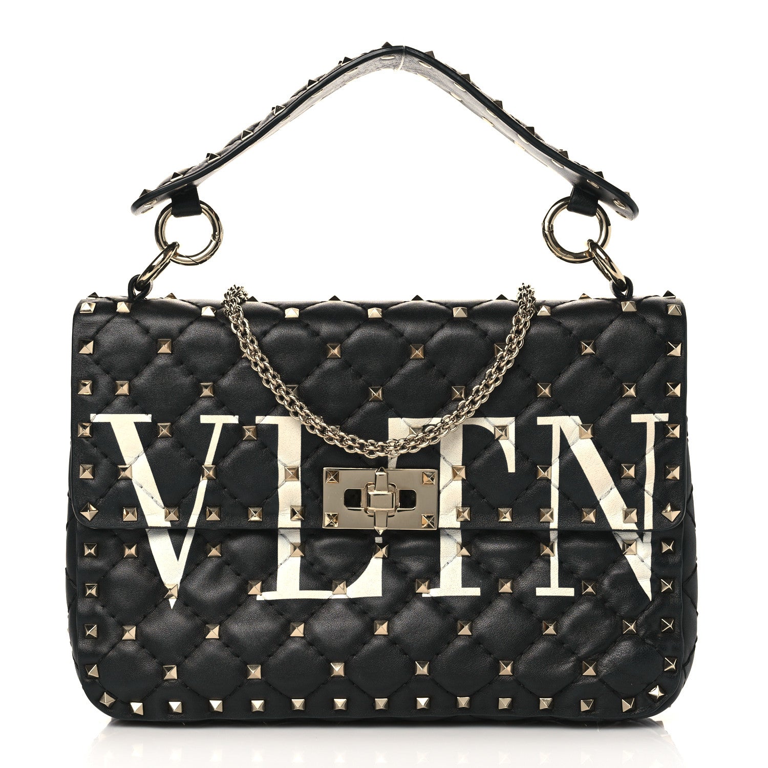 Valentino Garavani Lambskin VLTN Print Medium Rockstud Spike Shoulder Bag Black 1 of 8