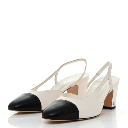Chanel Lambskin Cap Toe CC Slingback Pumps 39.5 White Black 3 of 8