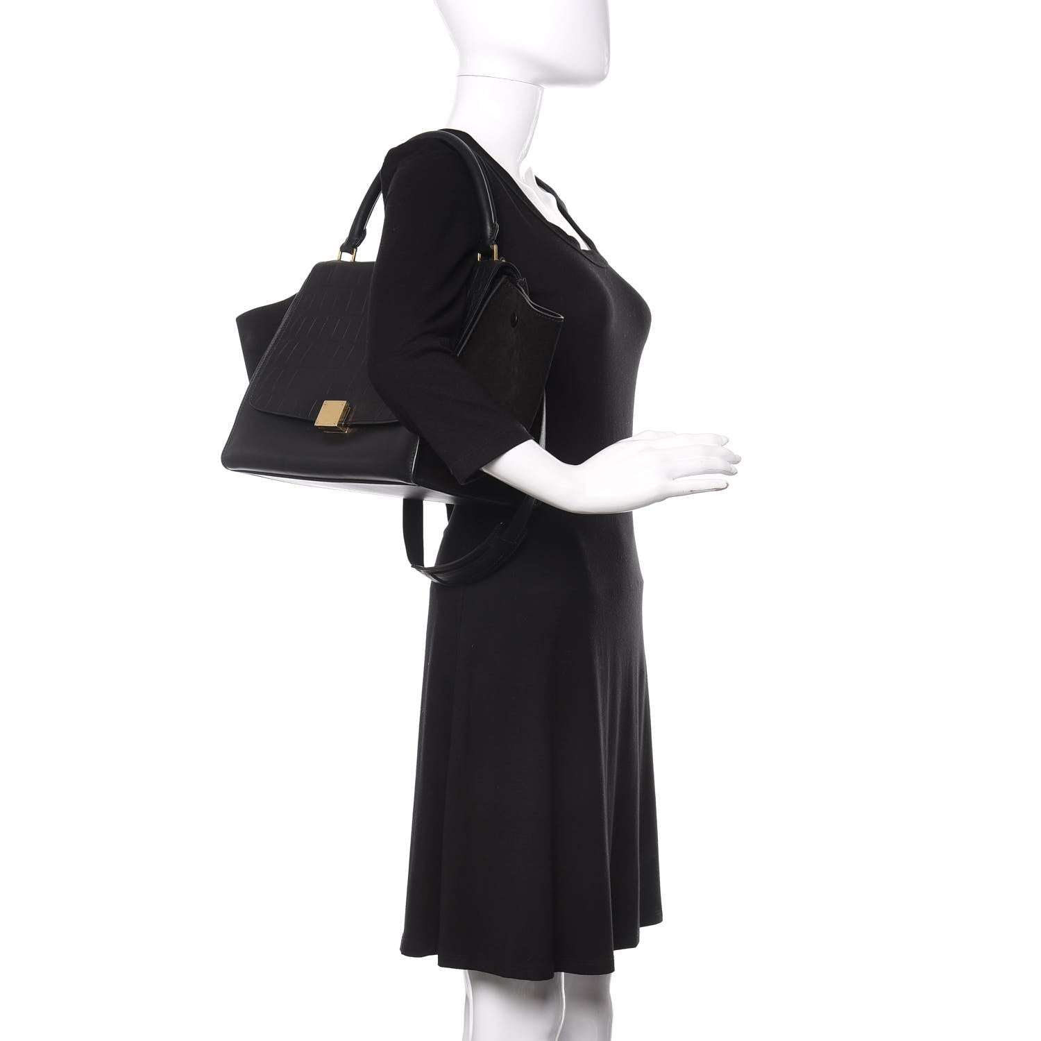 Celine Crocodile Embossed Calfskin Suede Medium Trapeze Black 3 of 16