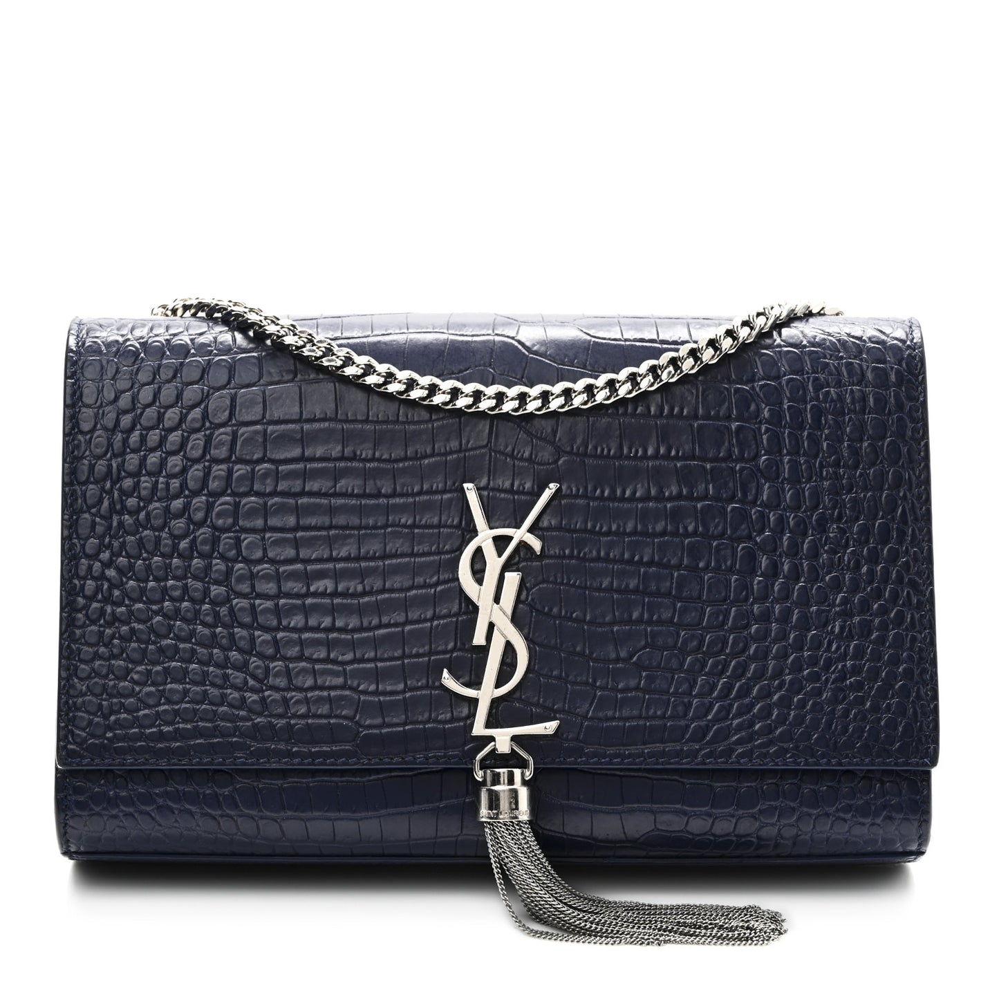 Calfskin Crocodile Embossed Medium Classic Monogram Kate Tassel Satchel Deep Marine