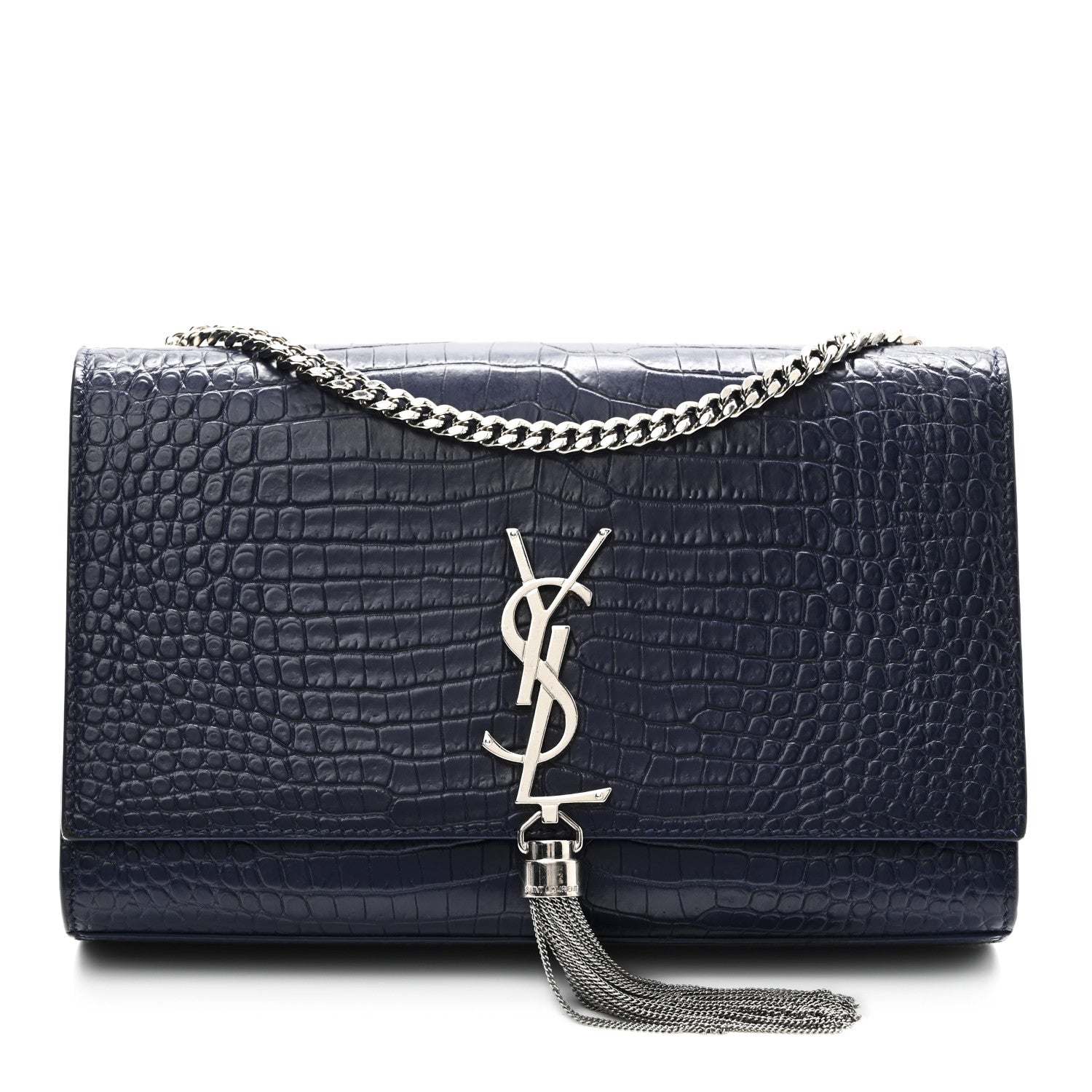 Saint Laurent Calfskin Crocodile Embossed Medium Classic Monogram Kate Tassel Satchel Deep Marine 1 of 9