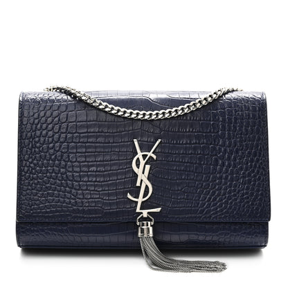 Saint Laurent Calfskin Crocodile Embossed Medium Classic Monogram Kate Tassel Satchel Deep Marine 1 of 9