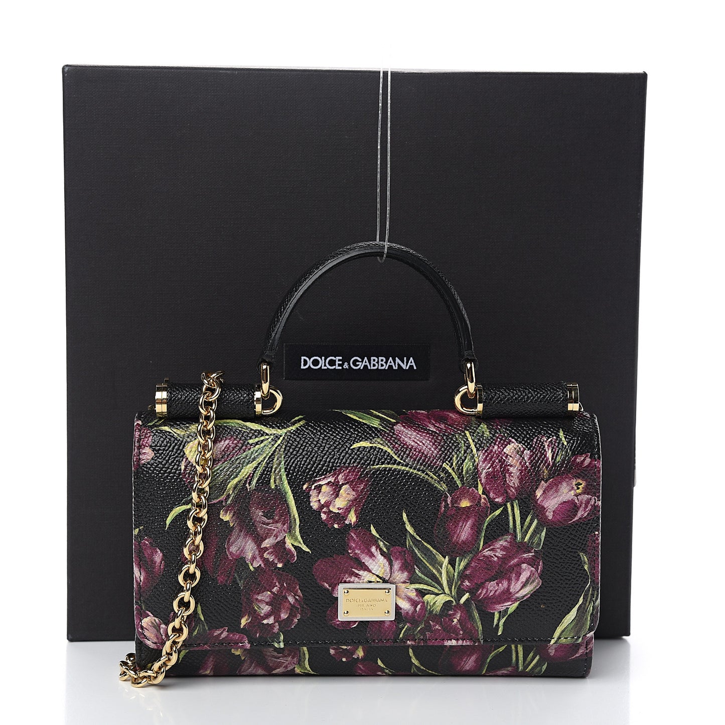 Dauphine Flower Printed Wallet On Chain Black Purple
