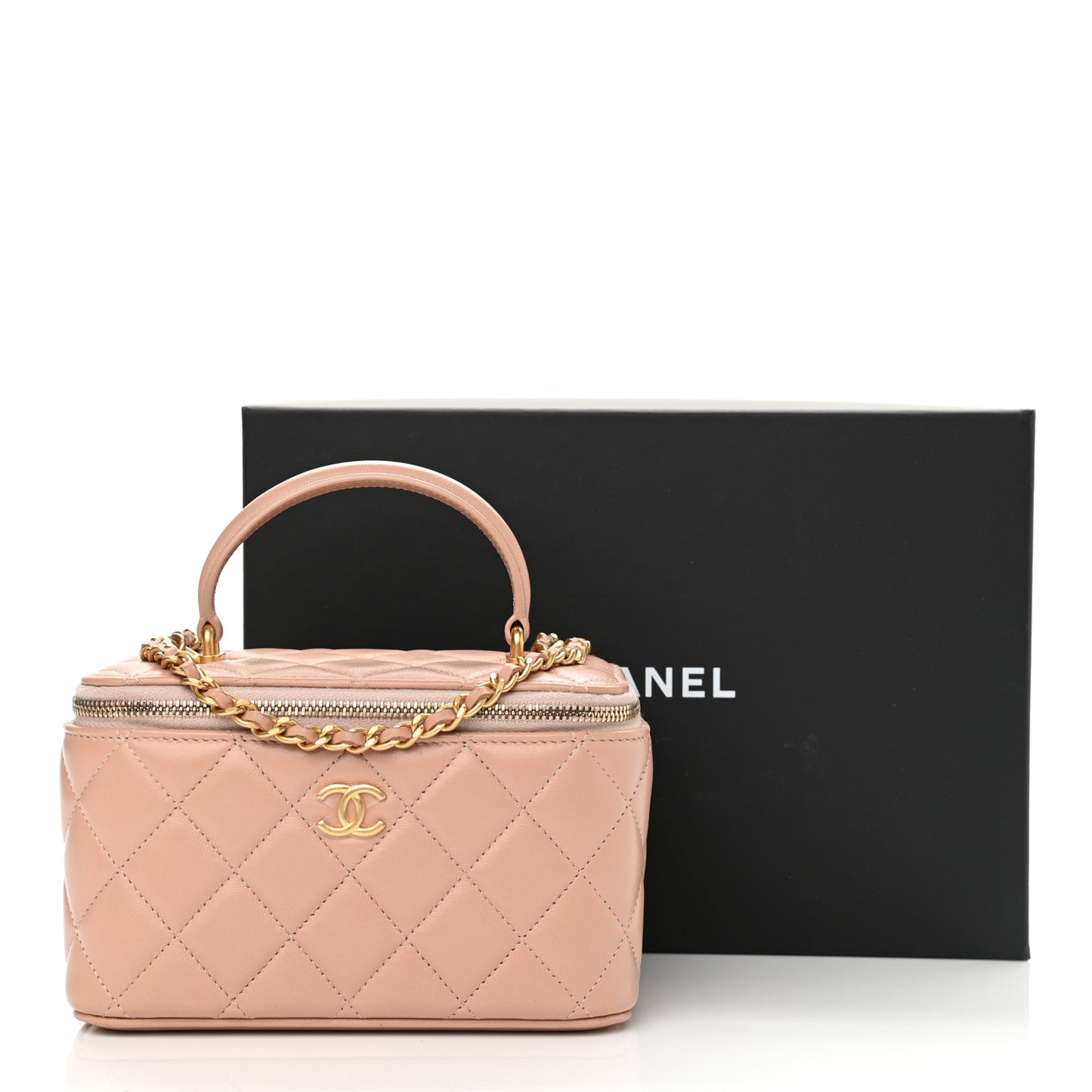 Lambskin Quilted Small Top Handle Vanity Case With Chain Beige