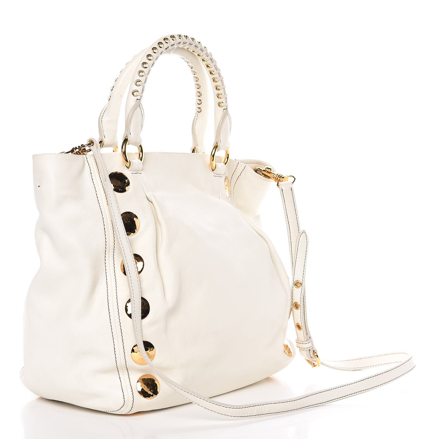 Soft Calfskin Hammered Stud Shopping Tote White