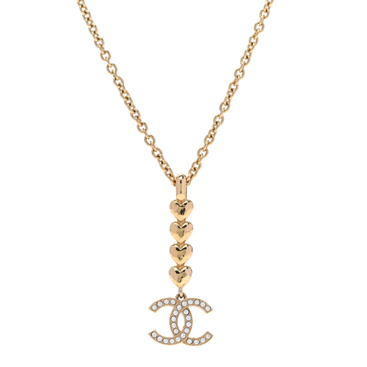 Chanel Crystal CC Heart Link Drop Necklace Gold 1 of 6