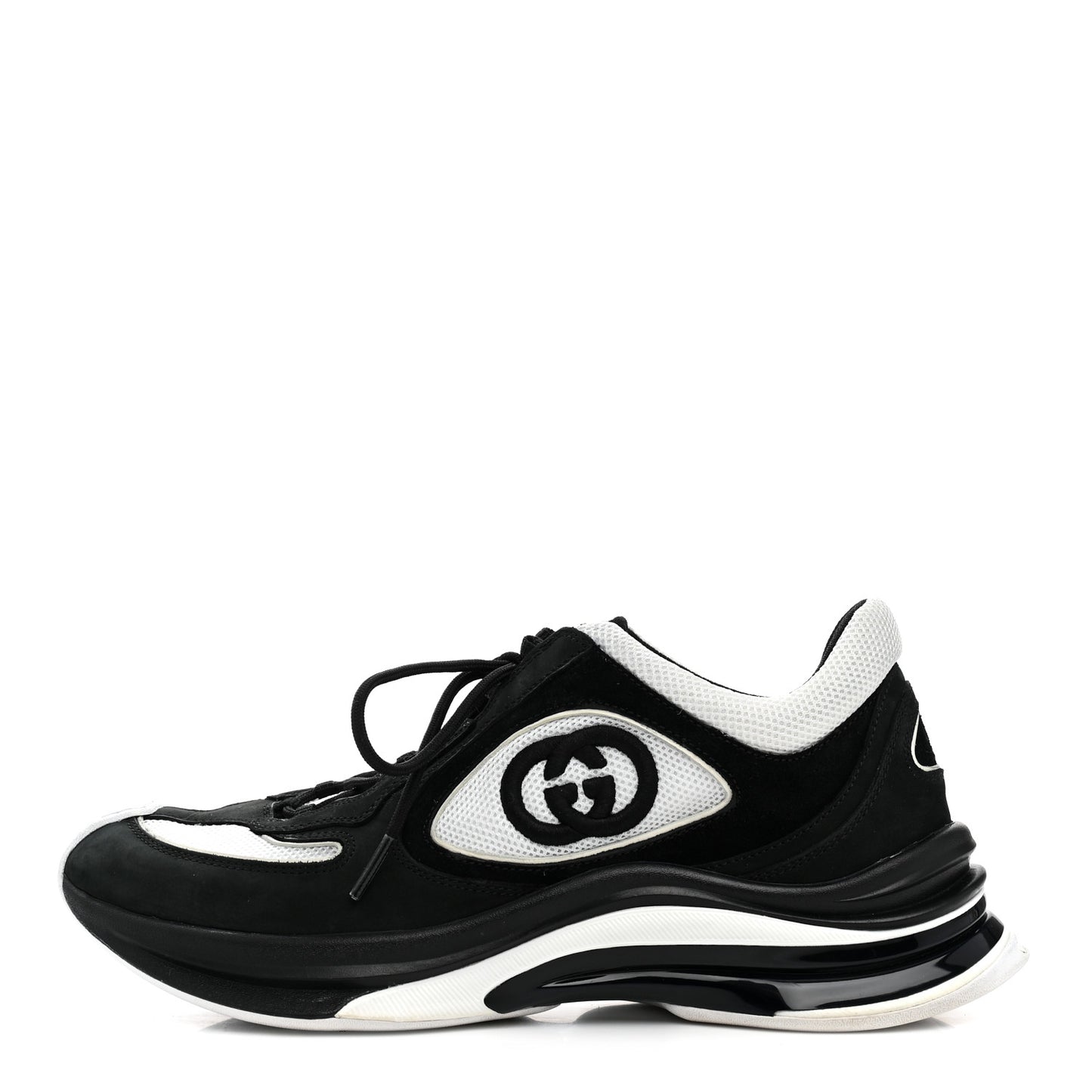 Technical Knit Fabric Suede Calfskin Womens Gucci Run Sneakers 39.5 Black White