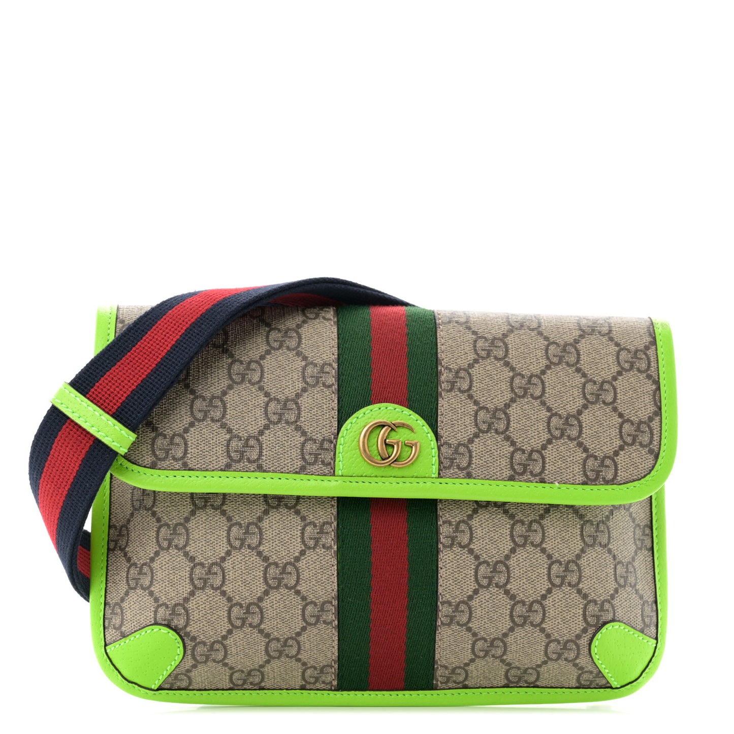 GG Supreme Monogram Web Small Ophidia Belt Bag Beige Ebony Electric Green