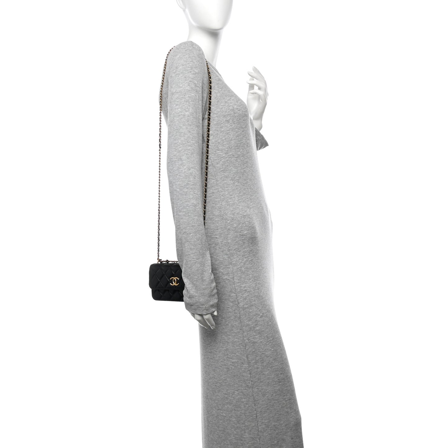 Lambskin Quilted Dynasty Flap Phone Holder With Chain Black