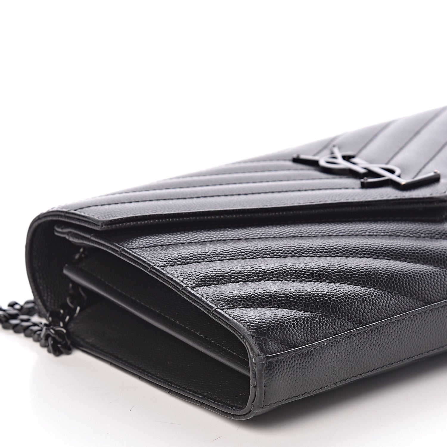 Saint Laurent Grain De Poudre Matelasse Chevron Monogram Chain Wallet Black 8 of 9