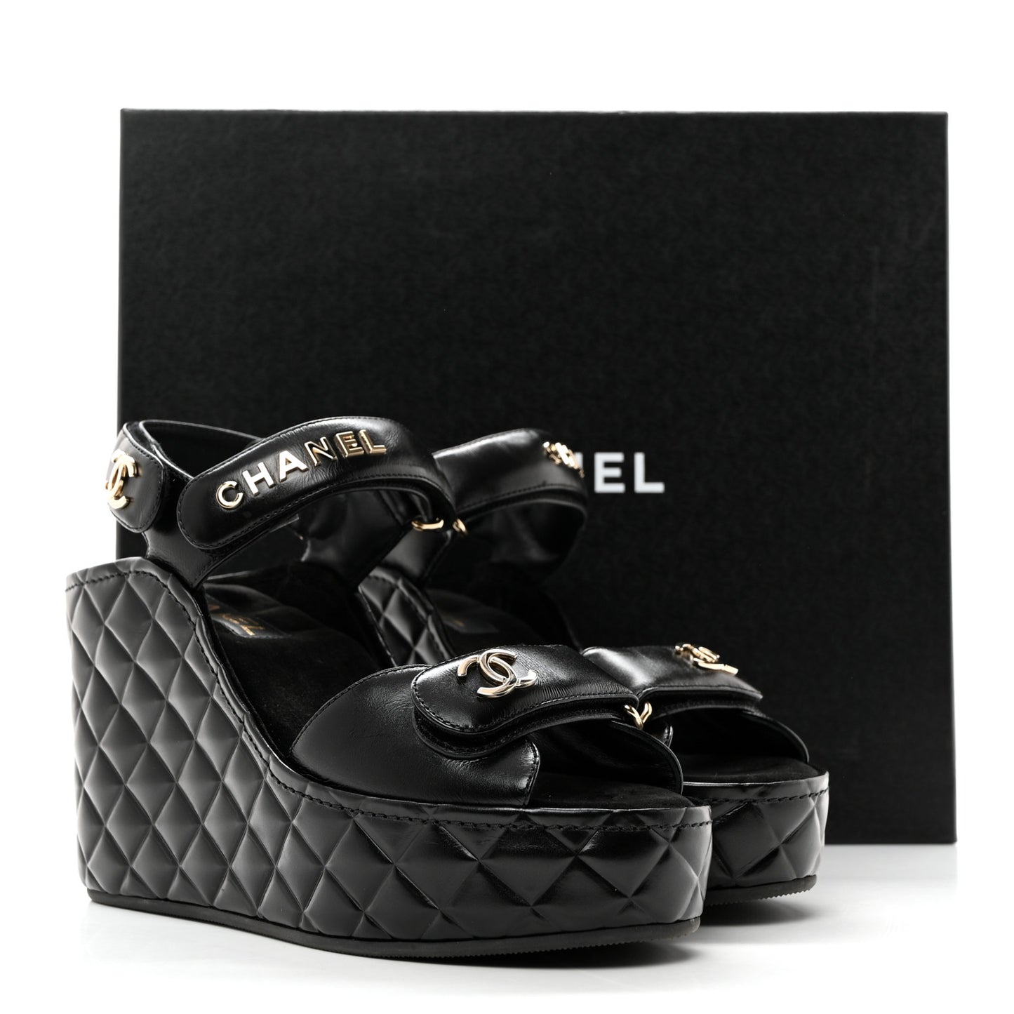 Shiny Calfskin Quilted Wedge Sandals 38 Black