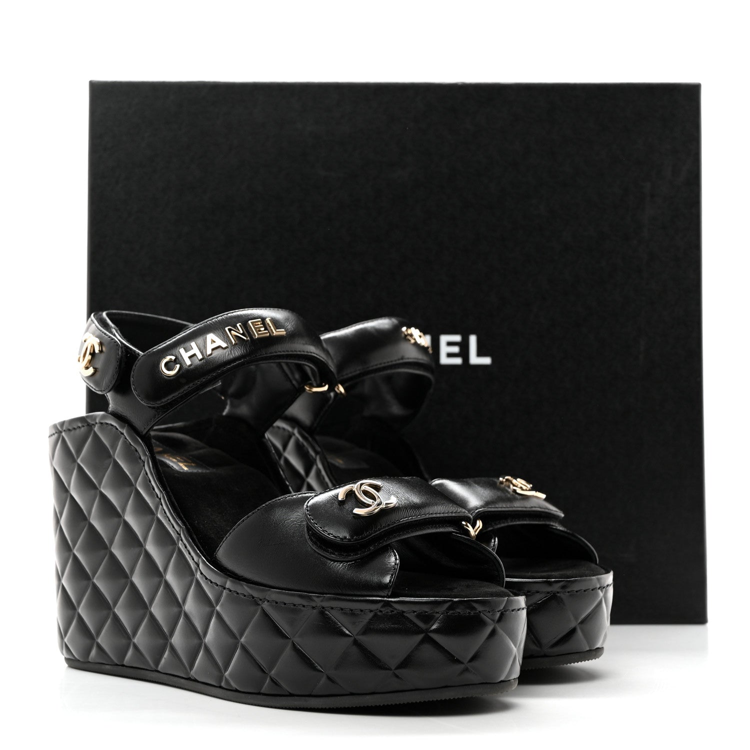 Chanel Shiny Calfskin Quilted Wedge Sandals 38 Black 9 of 9