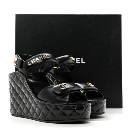 Chanel Shiny Calfskin Quilted Wedge Sandals 38 Black 9 of 9