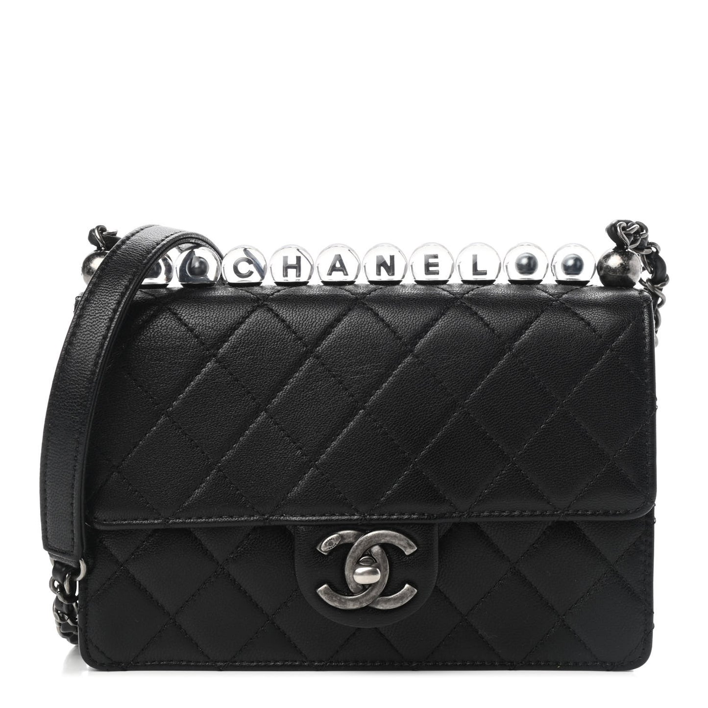 Goatskin Quilted Logo Small Chic Flap Black