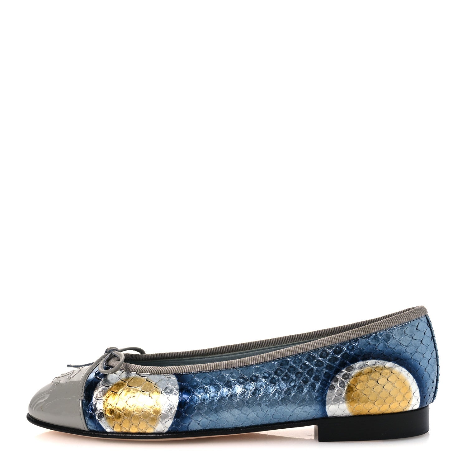 Chanel Snakeskin Patent Calfskin Cap Toe CC Ballerina Flats 37.5 Blue Multicolor 1 of 13