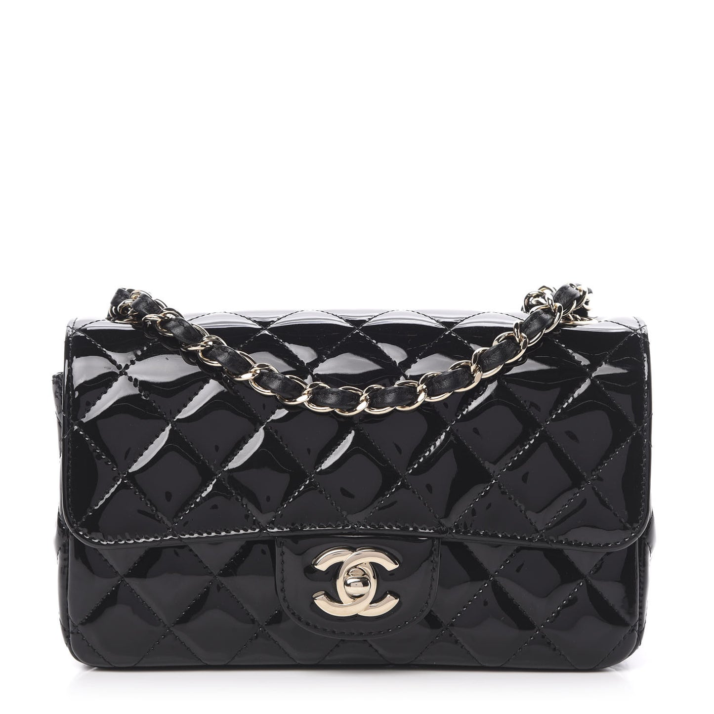 Patent Calfskin Quilted Mini Rectangular Flap Black