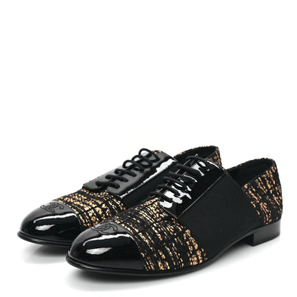 Chanel Tweed Patent CC Womens Lace Up Oxfords 39.5 Black Gold 3 of 8