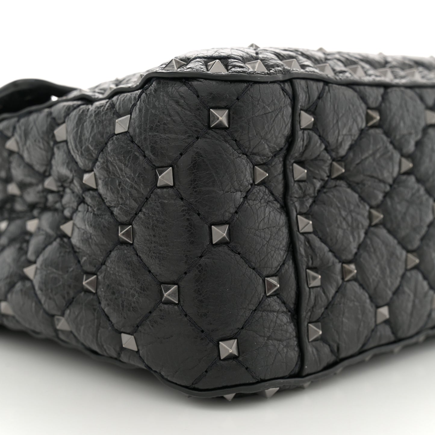 Craquele Nappa Large Rockstud Spike Shoulder Bag Black