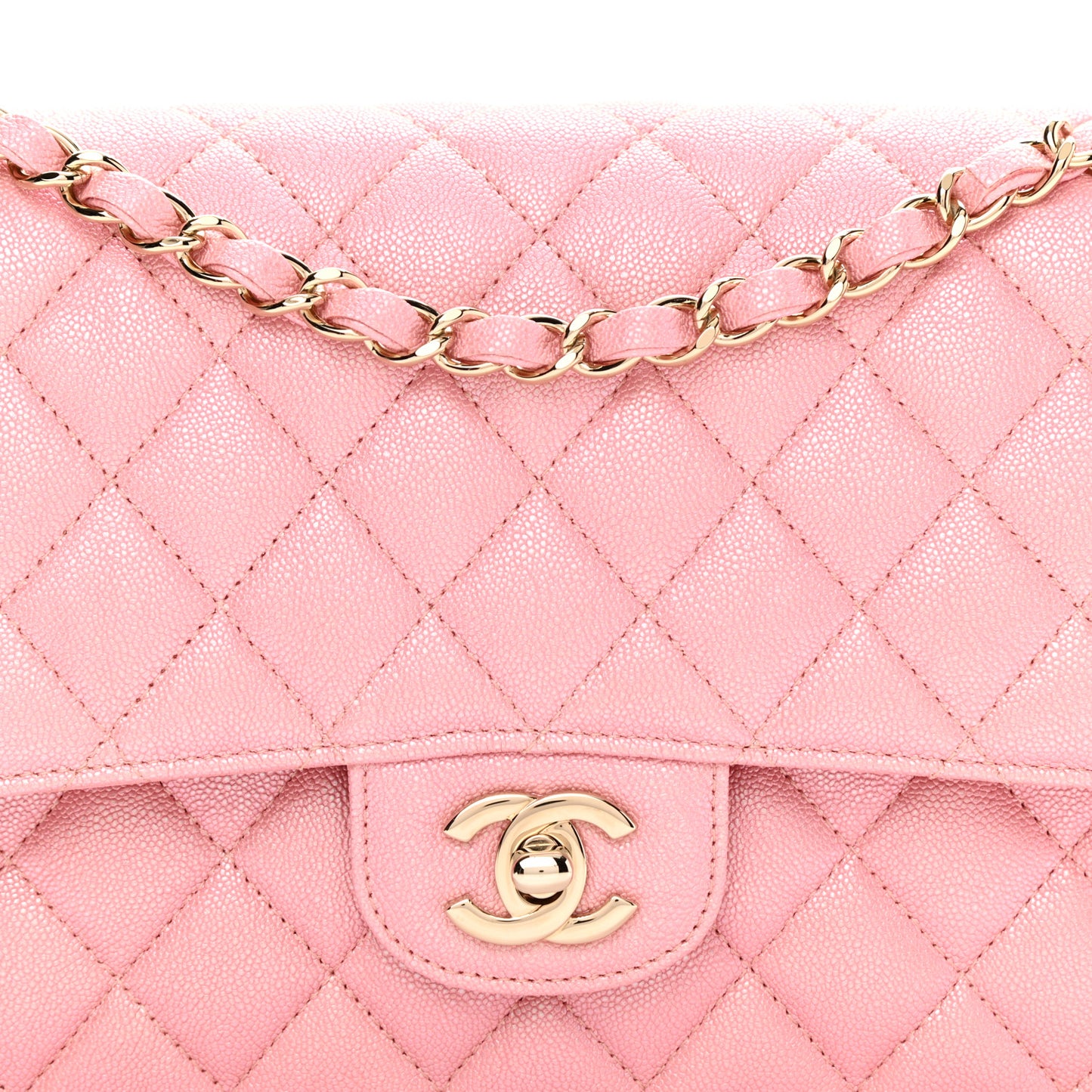 Iridescent Caviar Quilted Medium Double Flap Light Pink