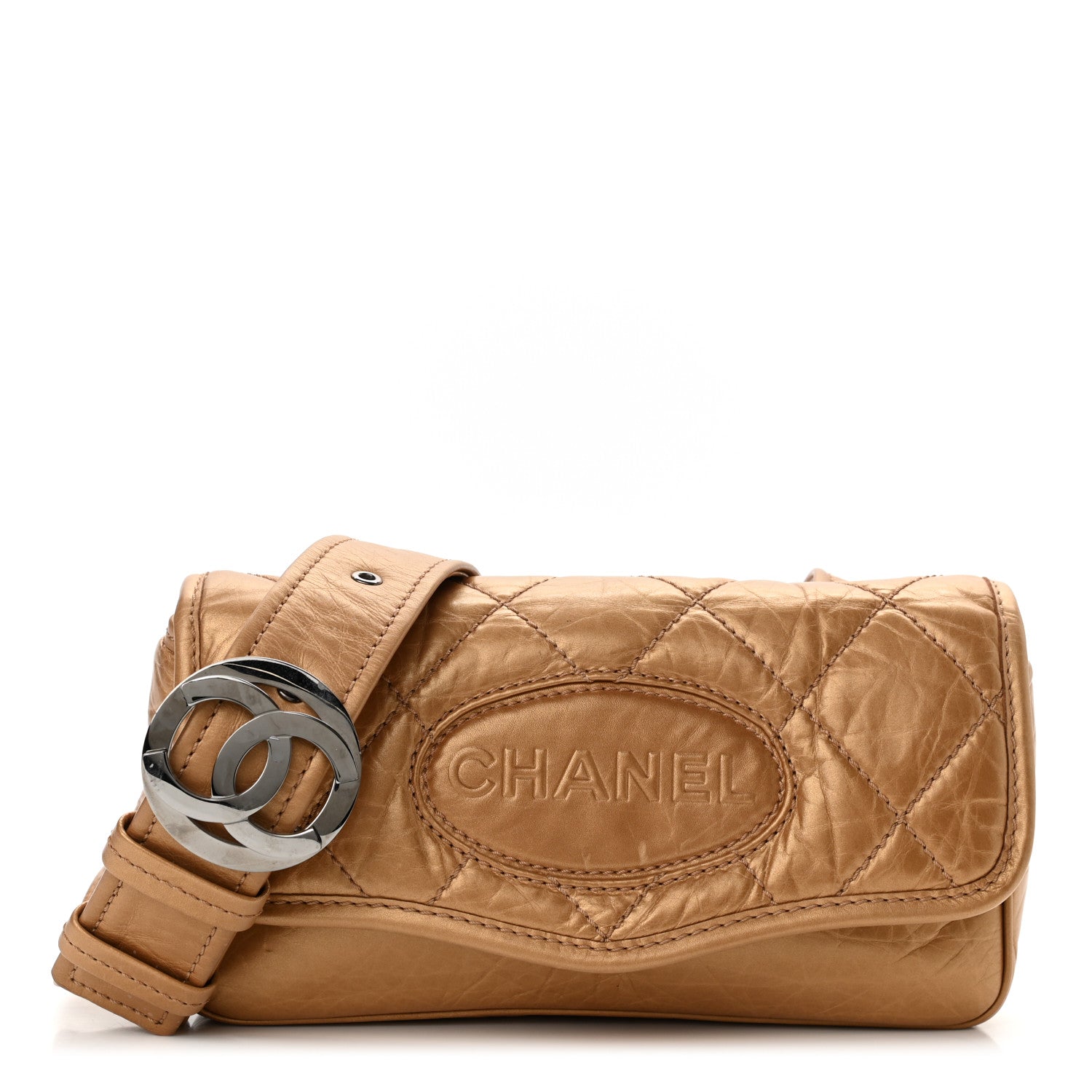 Chanel Aged Calfskin Quilted Vintage Ligne Messenger Flap Gold 1 of 11