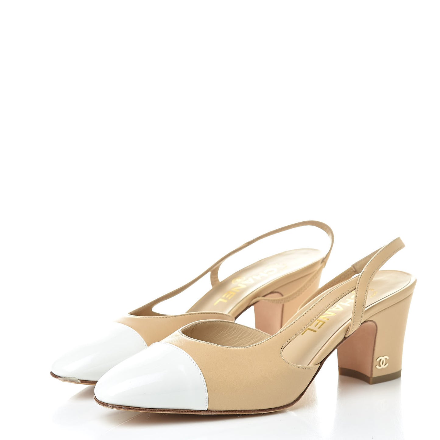 Lambskin Patent Cap Toe CC Slingback Sandals 37 Beige White