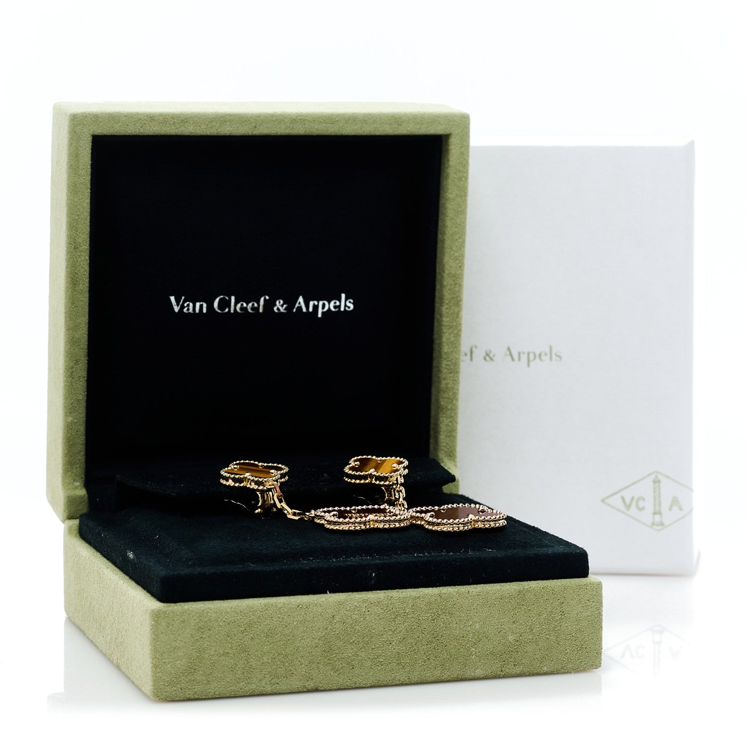 Van Cleef & Arpels 18K Yellow Gold Tiger Eye Carnelian 2 Motifs Magic Alhambra Earrings 5 of 5