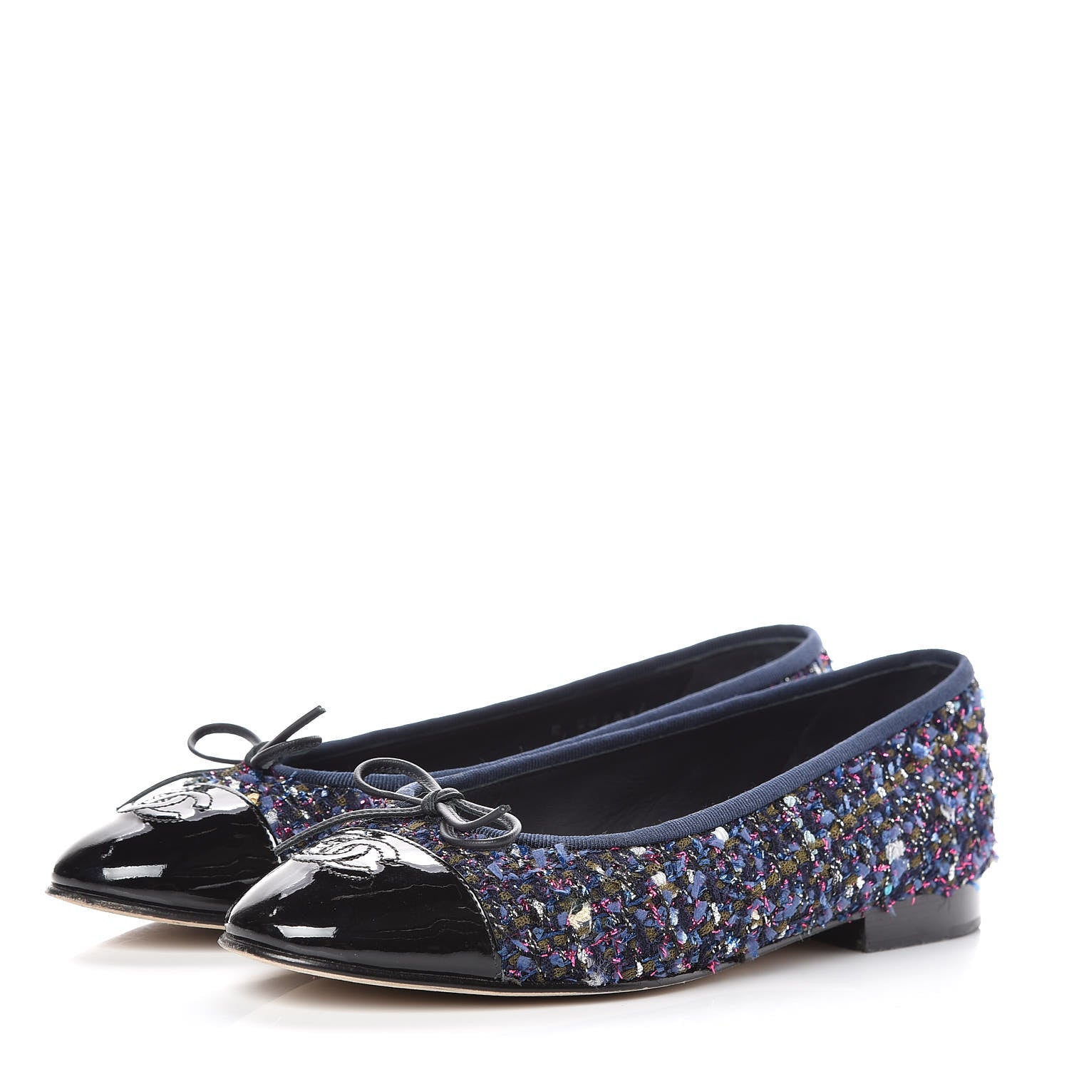 Chanel Tweed Patent Calfskin Cap Toe Ballerina Flats 37.5 Blue Pink Black 3 of 14