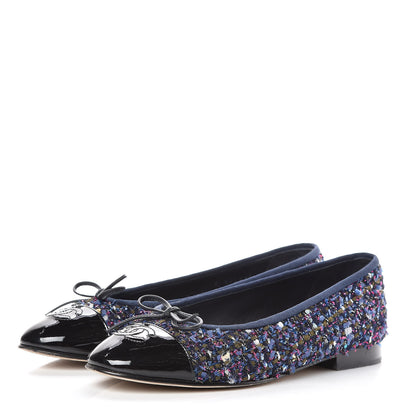 Chanel Tweed Patent Calfskin Cap Toe Ballerina Flats 37.5 Blue Pink Black 3 of 14