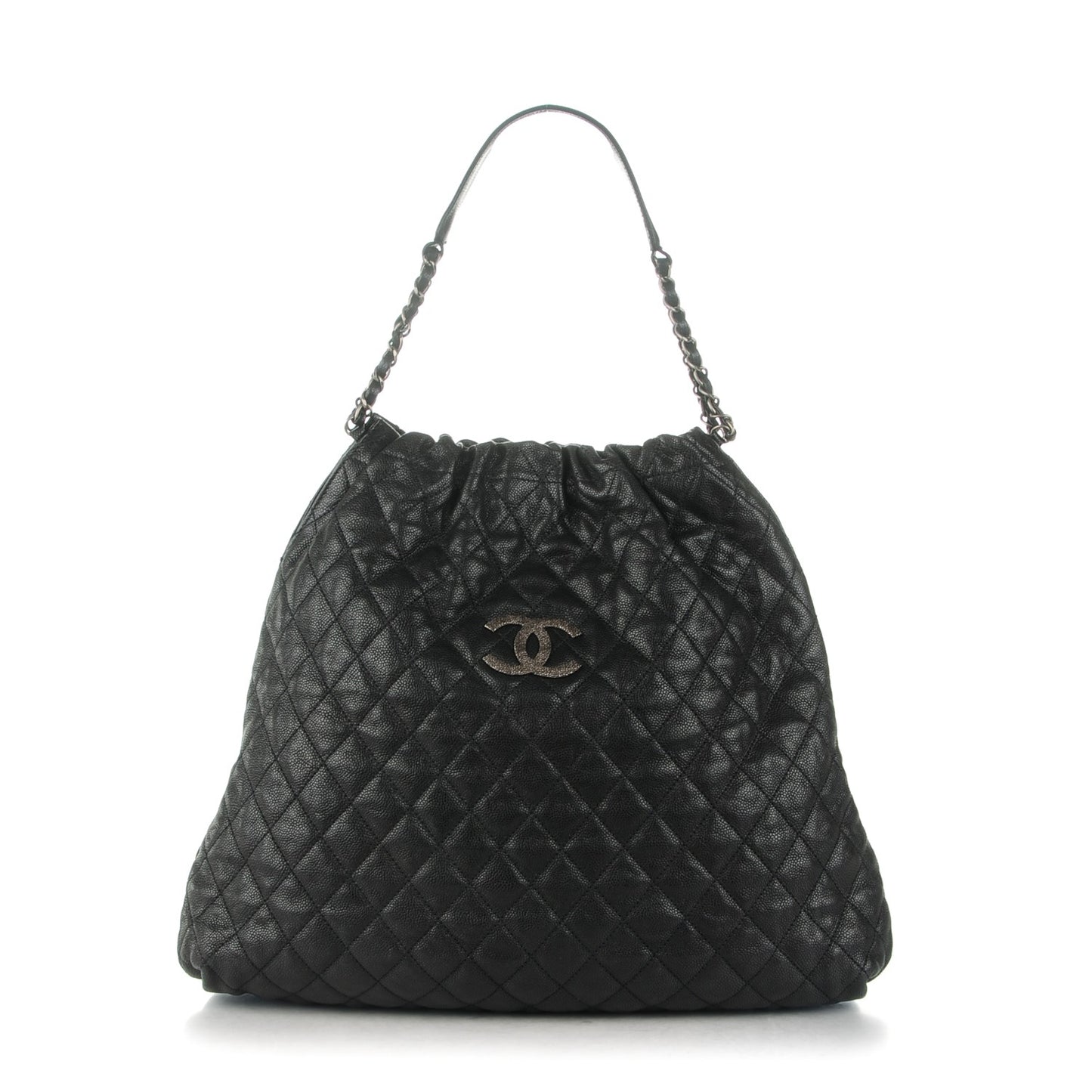 Distressed Glazed Caviar Quilted Large Elastic Tote Black