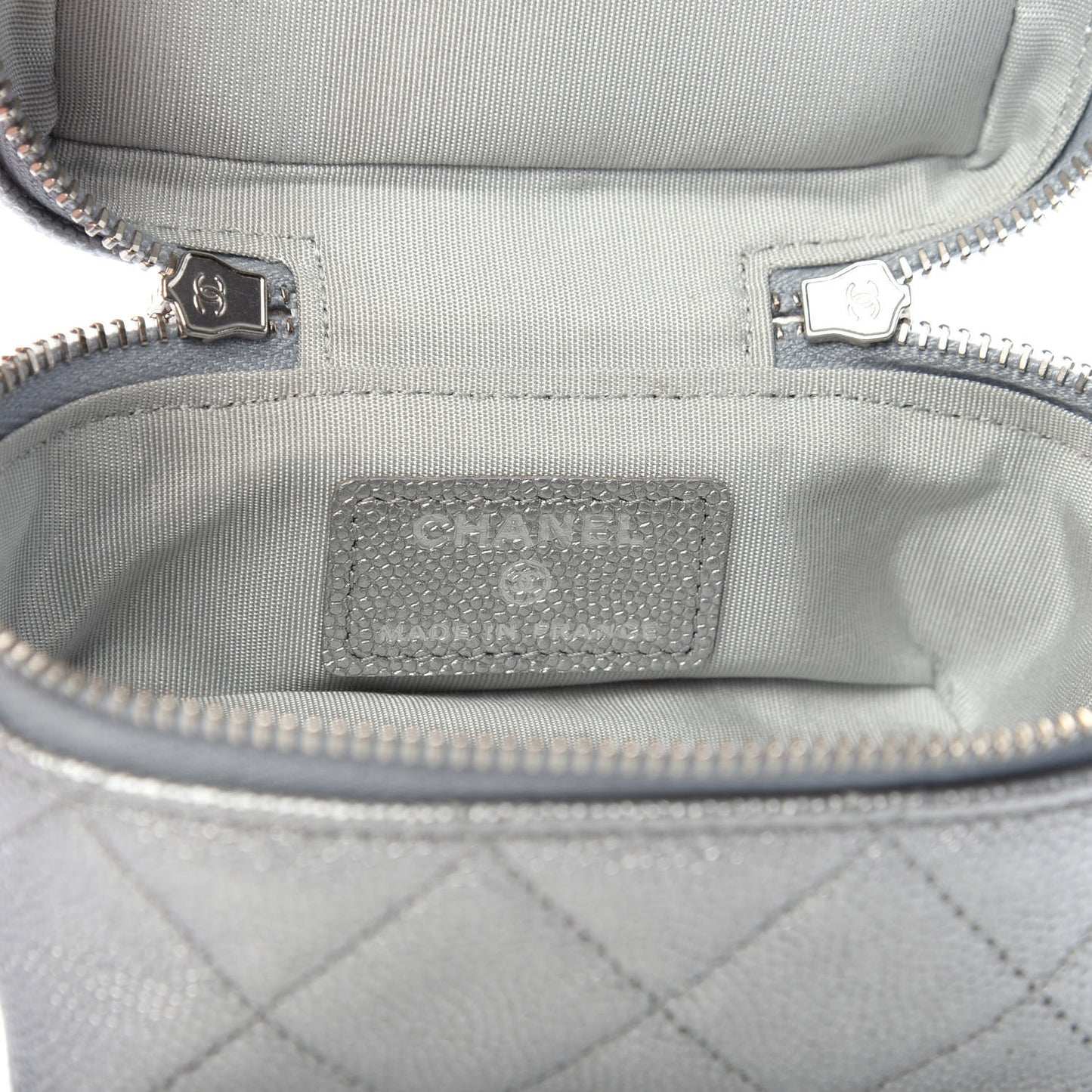 Metallic Caviar Quilted Mini Top Handle Vanity With Chain Silver