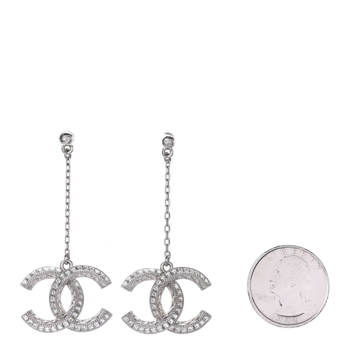 Chanel Baguette Crystal CC Drop Earrings Silver 2 of 4