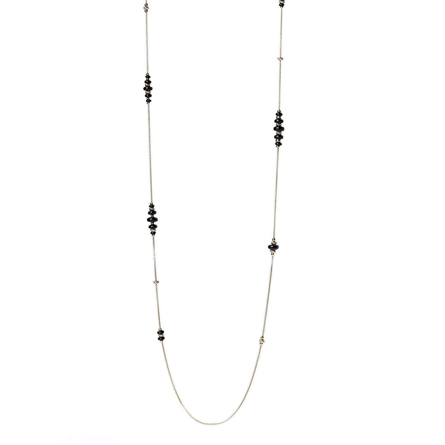 18K Yellow Gold Black Onyx Rio Rondelle Long Station Necklace