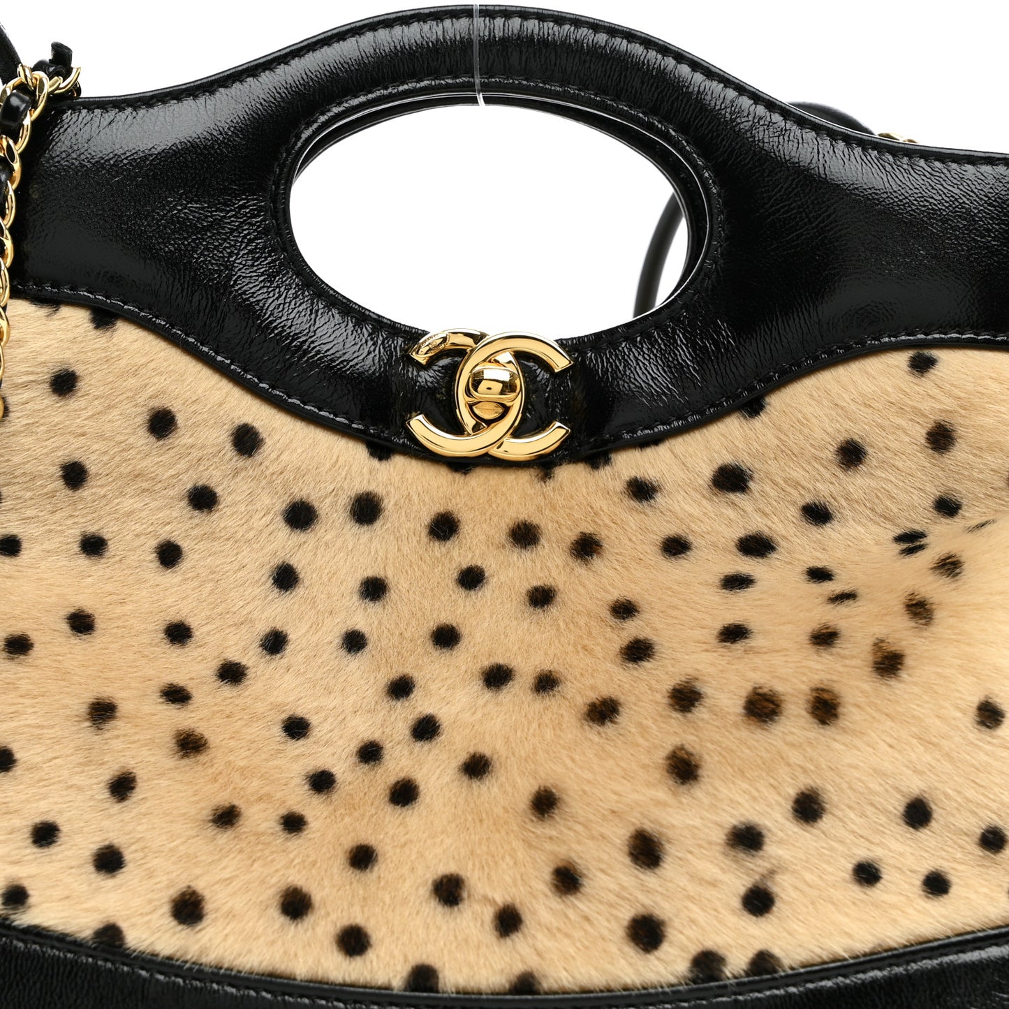 Shiny Lambskin Pony Hair Cheetah Printed Mini 31 Shopping Bag Light Beige Black